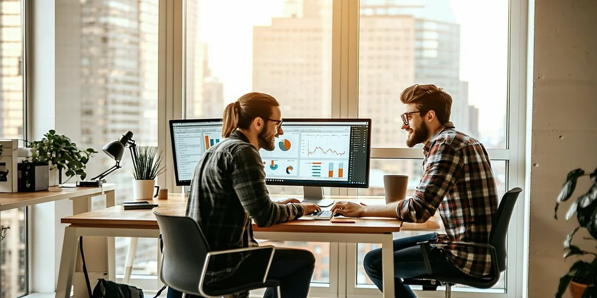 Small team working in a bright NYC office, screens showing multilingual content interfaces