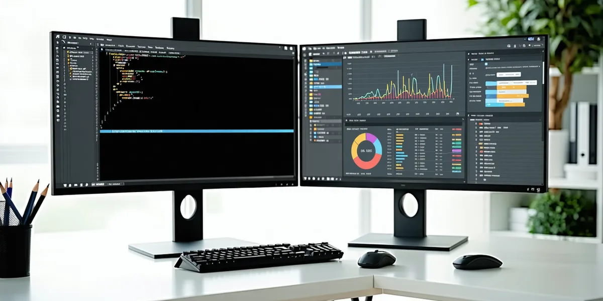 Developer at a laptop integrating localization tools, showing connected workflow between coding environment and translation interface